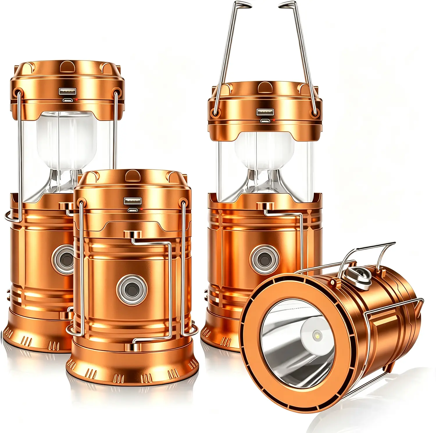 4-Pack GOLD Foldable LED Lanterns - Durable, Waterproof, Solar-USB Rechargeable, Solar Powered, Brightness Adjustable, Heat/Freeze Ready, Batteries-Included Emergency handyLights with Flashlight Mode, Carries in Small Bags, for Home Power Outages, Hiking