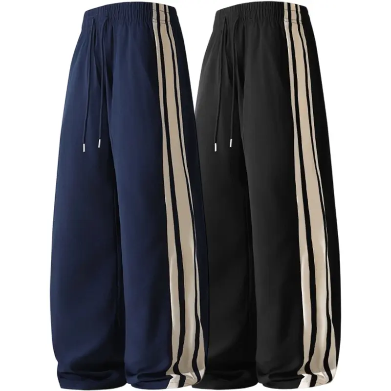 Men's Lightweight Summer Jogging Pants - Weightless, Wide-Leg, Contrasting Side Stripes, Drawstring Elastic Waistband - Casual Athletic Pants for Walking, Street Fashion Styling, Weightless Men's Pants, Wide-Leg Men's Pants