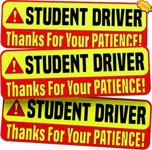 Student Driver Car Magnet Sticker Signs - Extra Large 12" by 4" - Magnetic New Driver Sign for Bumper - 3 Pack - Remind Others to Please Be Patient - Bright & Reflective Road Safety Sign for Rookies