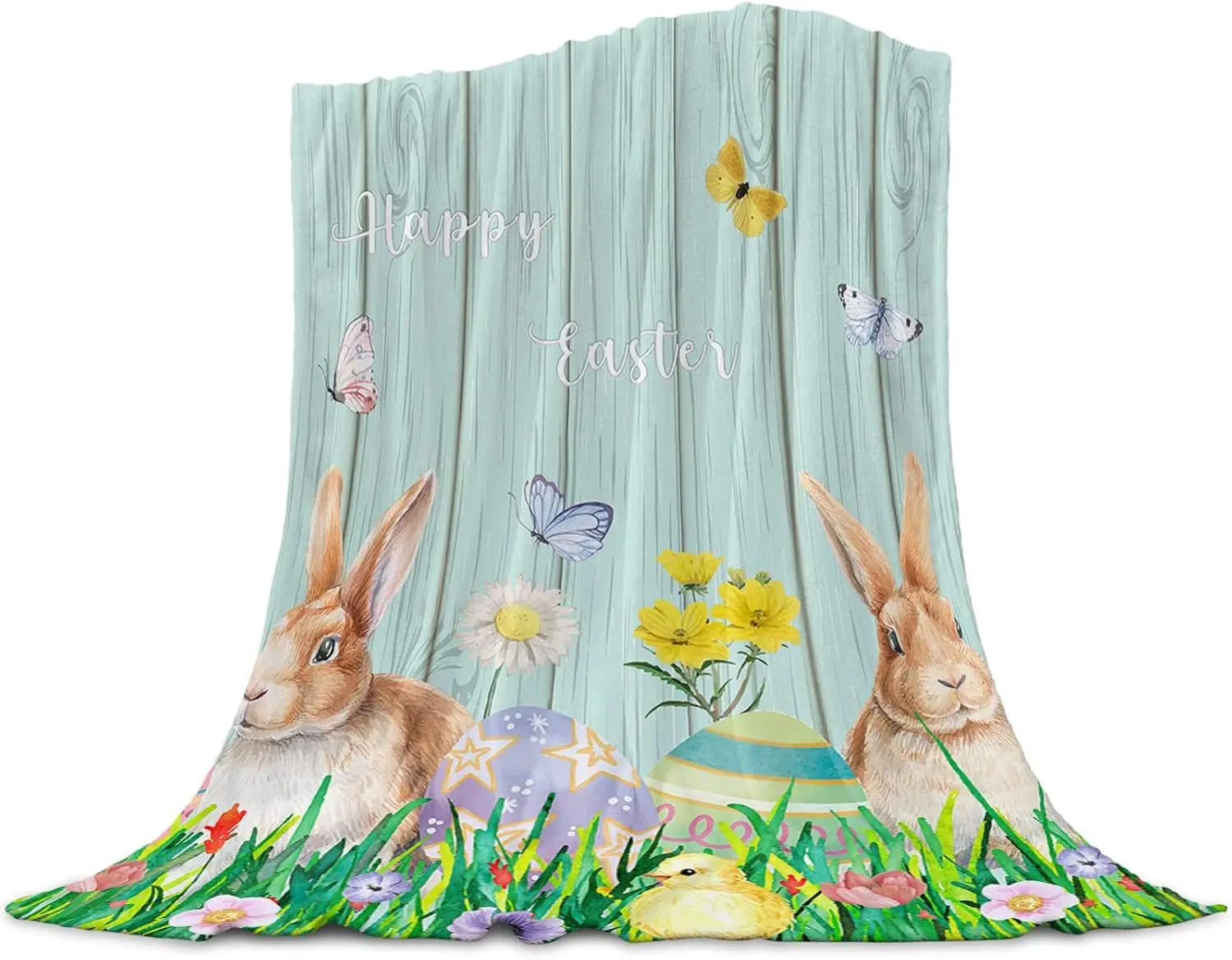 Easter Throw Blanket Bunny Easter Eggs Flowers Easter Blanket Soft Cozy Throw Blankets Rustic Wood Grain Blankets for Sofa Couch Bed Throw Blanket for Home Spring Holiday Decoration Home Bedroom Decor