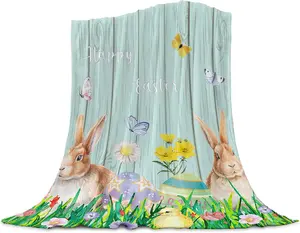 Easter Throw Blanket Bunny Easter Eggs Flowers Easter Blanket Soft Cozy Throw Blankets Rustic Wood Grain Blankets for Sofa Couch Bed Throw Blanket for Home Spring Holiday Decoration Home Bedroom Decor