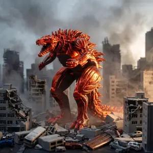 Red Copper Metallic Godzilla Figure | 3D-Printed Textured Cyberpunk Desktop Ornament