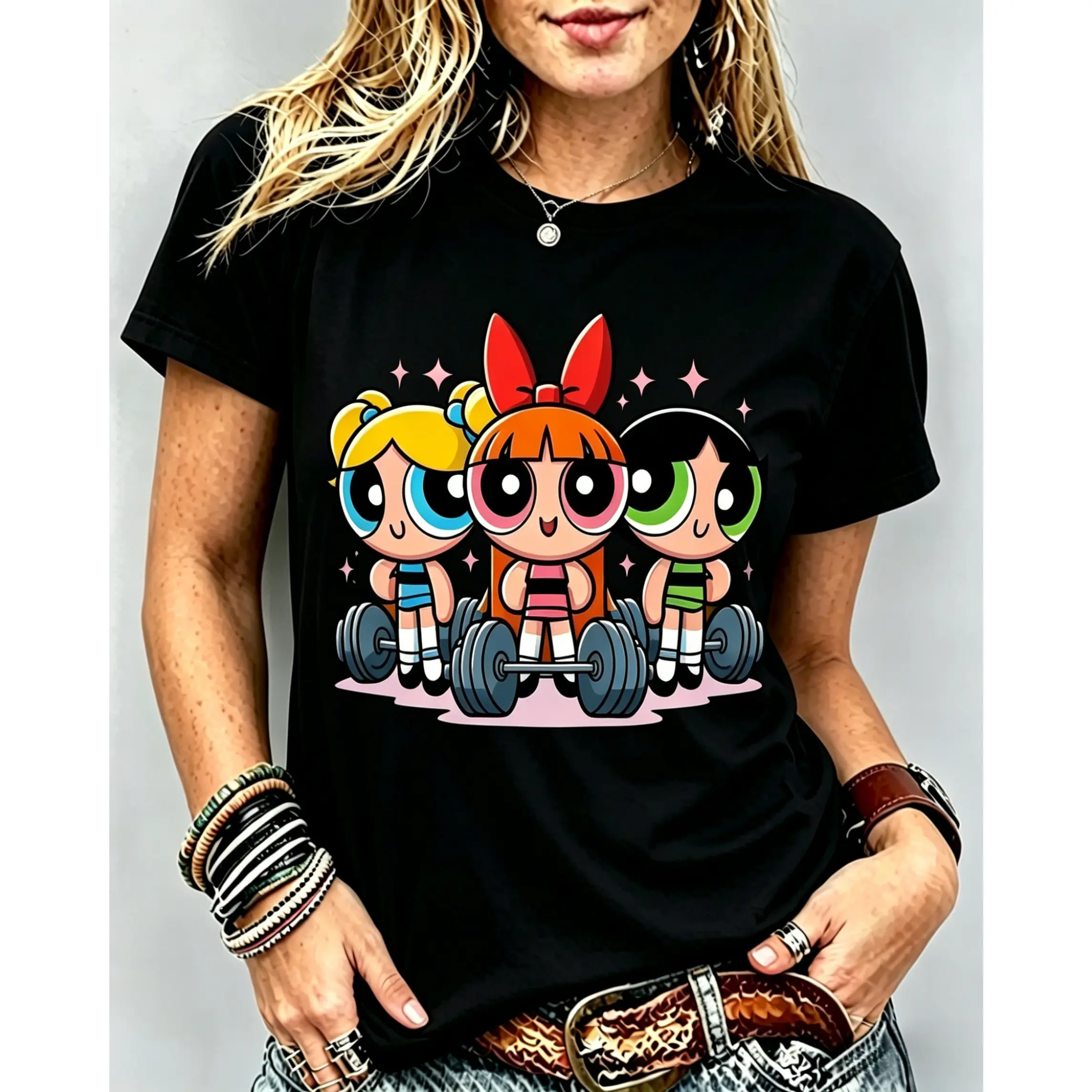 Cute Girl # Powerpuff Weightlifting T-Shirt, Cute Cartoon Weightlifting Tee, Unisex Graphic T-Shirt, Workout Fitness Top, Heavy Lifting Shirt, Gift for Cartoon Fans # Powerpuffff, Youth & Adult Shirt
