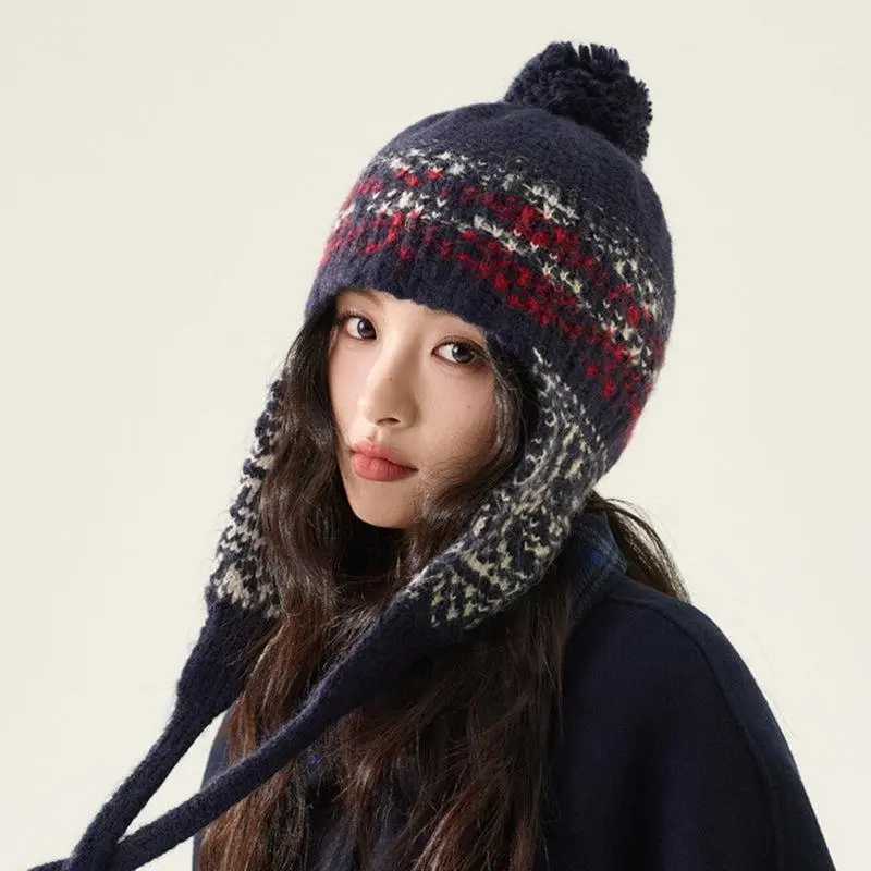 Women's Chic Retro Nordic Wool Blend Thermal Knit Beanie - Fluffy Pom Pom, Knit Ear Flaps, Adjustable, Windproof, Insulated, Soft Plush, Cute Fluffy Daily Headwear Protection Accessory, Fluffy Hats