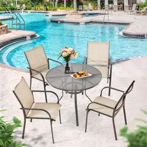 【2/3 packages arrived at different times】YODOLLA 5 Piece Patio Table and Chair Set for 4, Includes 37.25" Round Table with 1.73" Umbrella Hole and 4 Stackable Chairs, for Backyard, Dark Gray