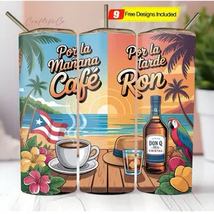 Crafttifico Por la Mañana Café Por la Tarde Ron Tumbler 20 oz with Tropical Beach Design & Don Q Cristal Rum Bottle Artwork