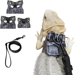 3 Pack Bearded Dragon Harness and Leash Set - Adjustable Soft Leather Lizard Harness Leash Small Animal Traction Rope Training Walking Vest Accessories for Reptile Squirrel Rat (Blue Leopard)