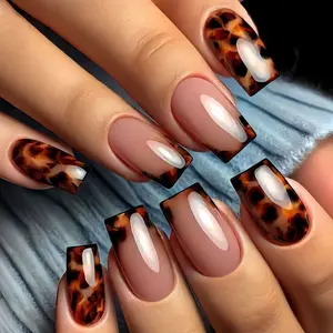 24pcs New Short Square European Style Press-On Nails, Amber Ombre Leopard French Tips, Glossy Finish, Reusable, Easy to Apply