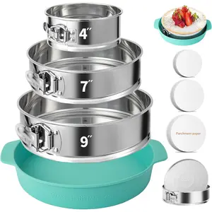 4, 7, 9 Inches Springform Pan Set - 304 Stainless Steel Nonstick Leakproof Springform Cake Pan Set with Removable Bottom, 10 Inch  Cheesecake Pan Protector with 60 count  Paper Dish Round