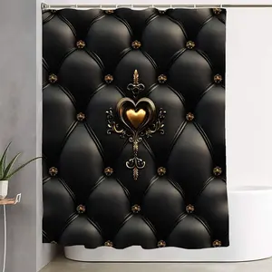 1/4pcs Black Gold Heart Filigree Bathroom Set - Ornate Diamond - Quilted Shower Curtain + 2 Bath Mats + Toilet Lid Cover, Elegant Valentine'S Day/Wedding/Home Decor Gift for Bathroom, Perfect for Romantic Festive Vibes