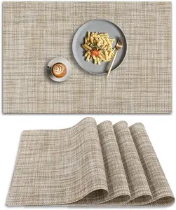 PVC Placemat, 4 PCS of Non-Slip Heat Resistant Place Mats, Washable Vinyl Placemats, Set of 4 – Linen Yellow Coasters Tableware