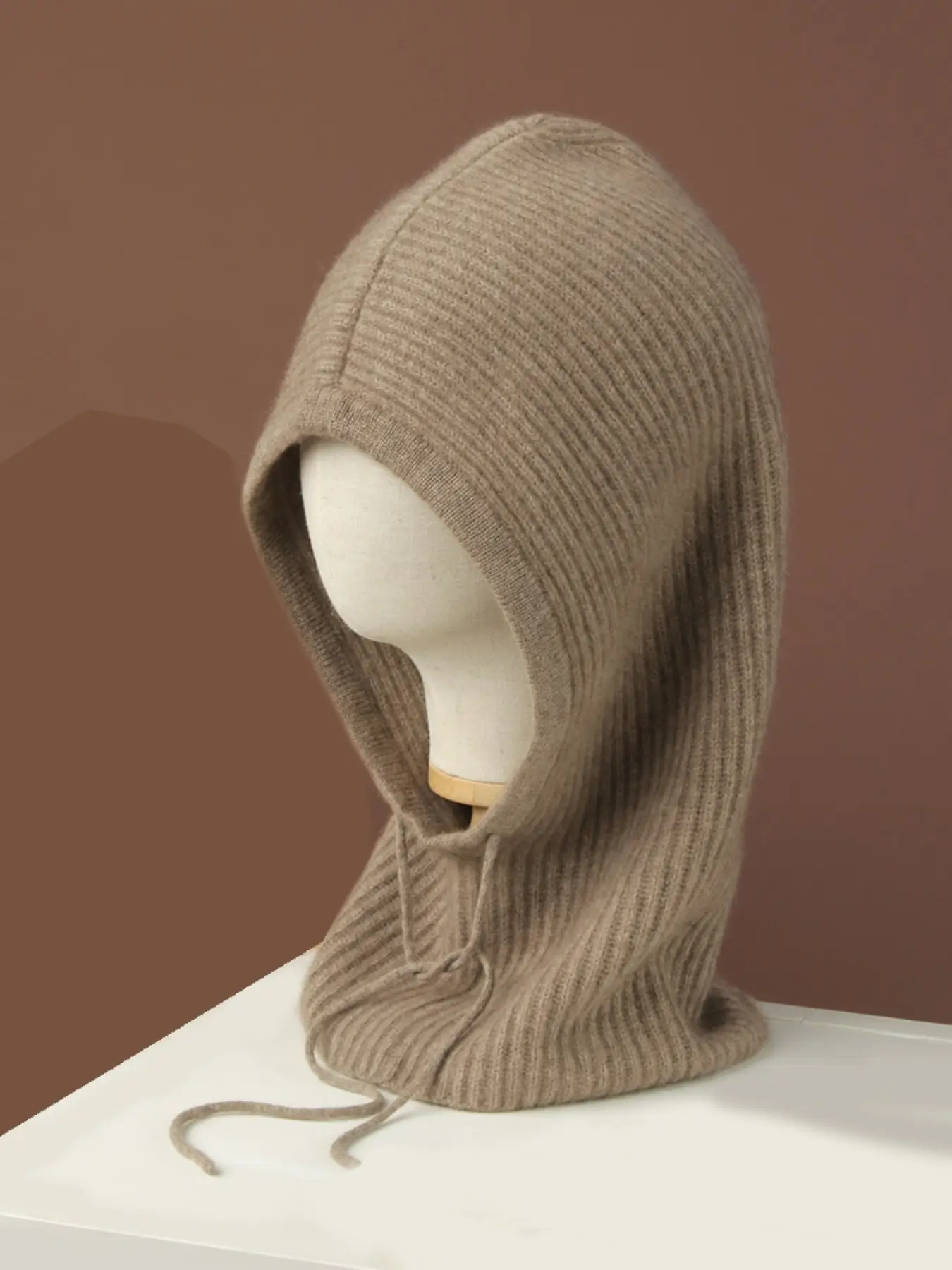 Unisex 100% Wool Balaclava Hat, Fall & Winter Warm Plain Drawstring Knit Cap, Outdoor Travel Neck Gaiter Ear Protection