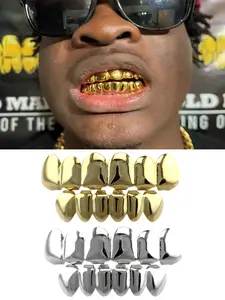 2PCS Unisex 18K Golden Plated Eight Teeth Hip Hop Blingbling Teeth Decoration Fashion Party Halloween Dressing Accessories