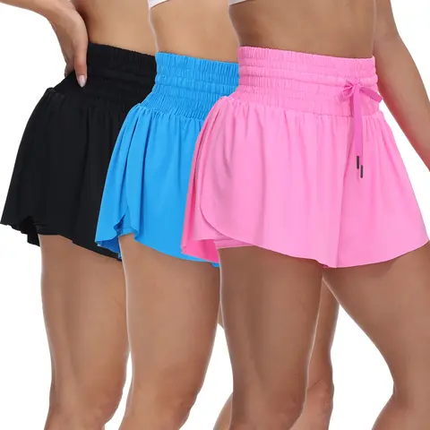 Blaosn Women's 3-Pack High Waisted Athleisure Shorts - Flowy, Elastic Drawstring Tummy Control, Pockets, Butterfly Cheer Fitness Running Outdoor Workout Biker Bottoms