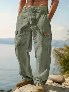 Men's Workwear Linen Pants, Drawstring Multi-Pocket Straight Leg, Breathable Plain Casual Pants for Spring & Fall, Outdoor Beach Wear