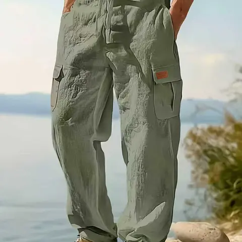 Men's Workwear Linen Pants Trouser, Drawstring Multi-Pocket Straight Leg, Breathable Plain Casual Pants for Spring & Fall, Outdoor Beach Wear