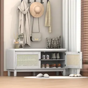 [Bellemave] Boho Rattan Entryway Bench with Storage, Cushioned Shoe Bench with Double Doors, Wooden Shoe Organizer Bench for Entryway and Hallway