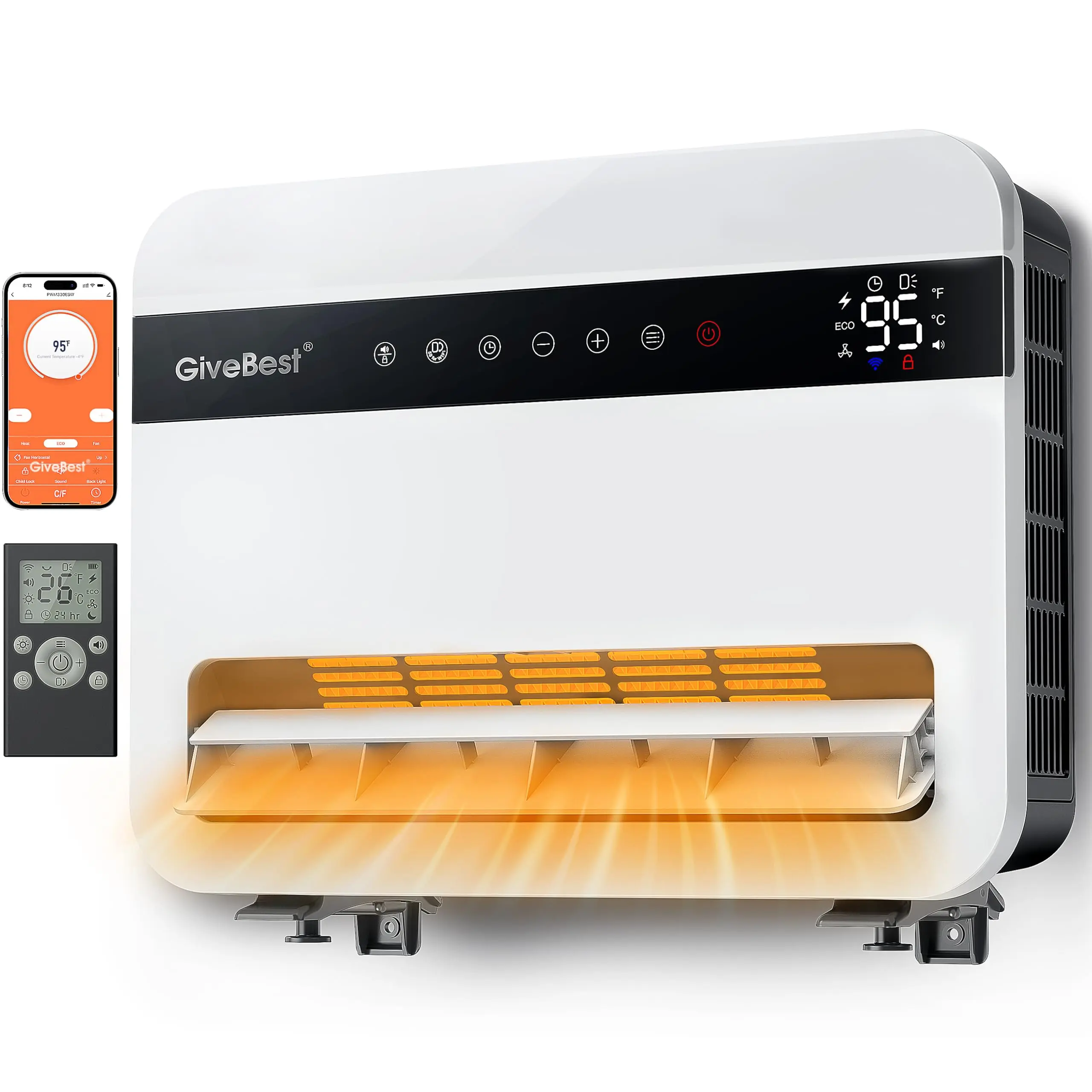 Givebest Wall Heater for Indoor Use, 1500W Electric Space Heater, 120°Vertical Oscillation,Compatible with Alexa, Adjustable Thermostat, Remote Control, 24H Timer, Easy-mounted Heater for Indoor Use
