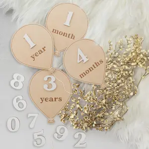 Beautiful Baby Monthly Milestone Cards - The Perfect Wooden Discs for Adorable Milestone Pictures of Your Newborn - 2X Reversible Balloon Signs with Interchangeable Numbers Make a Great Shower Gift
