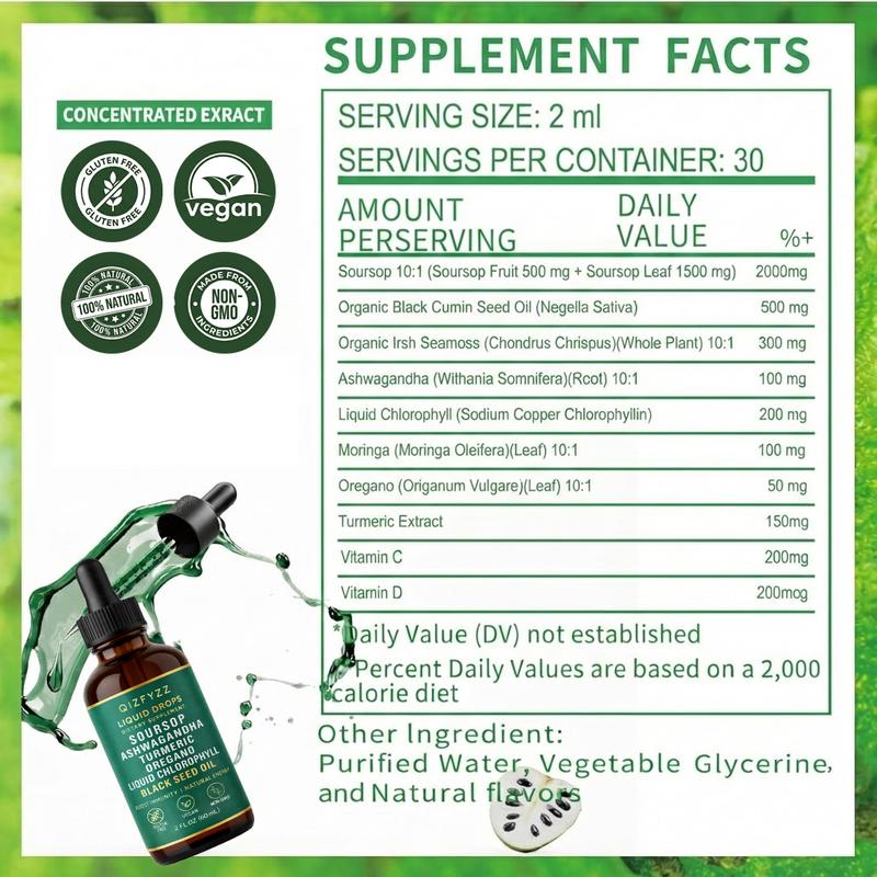 QIZFYZZ 10-in-1 Soursop Bitterness Drops & 20-in-1 Seaweed Capsules Moringa Turmeric Black Seed Ashwagandha Vegan Non-GMO Super Blend