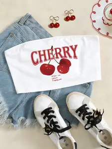 Women's Sexy Casual Sleeveless Crop Top Tube Vest, Jelly Cherry Print, Y2K Style, Slim-Fitting, Spring Summer Fashion, Casual Daily Wear, Party