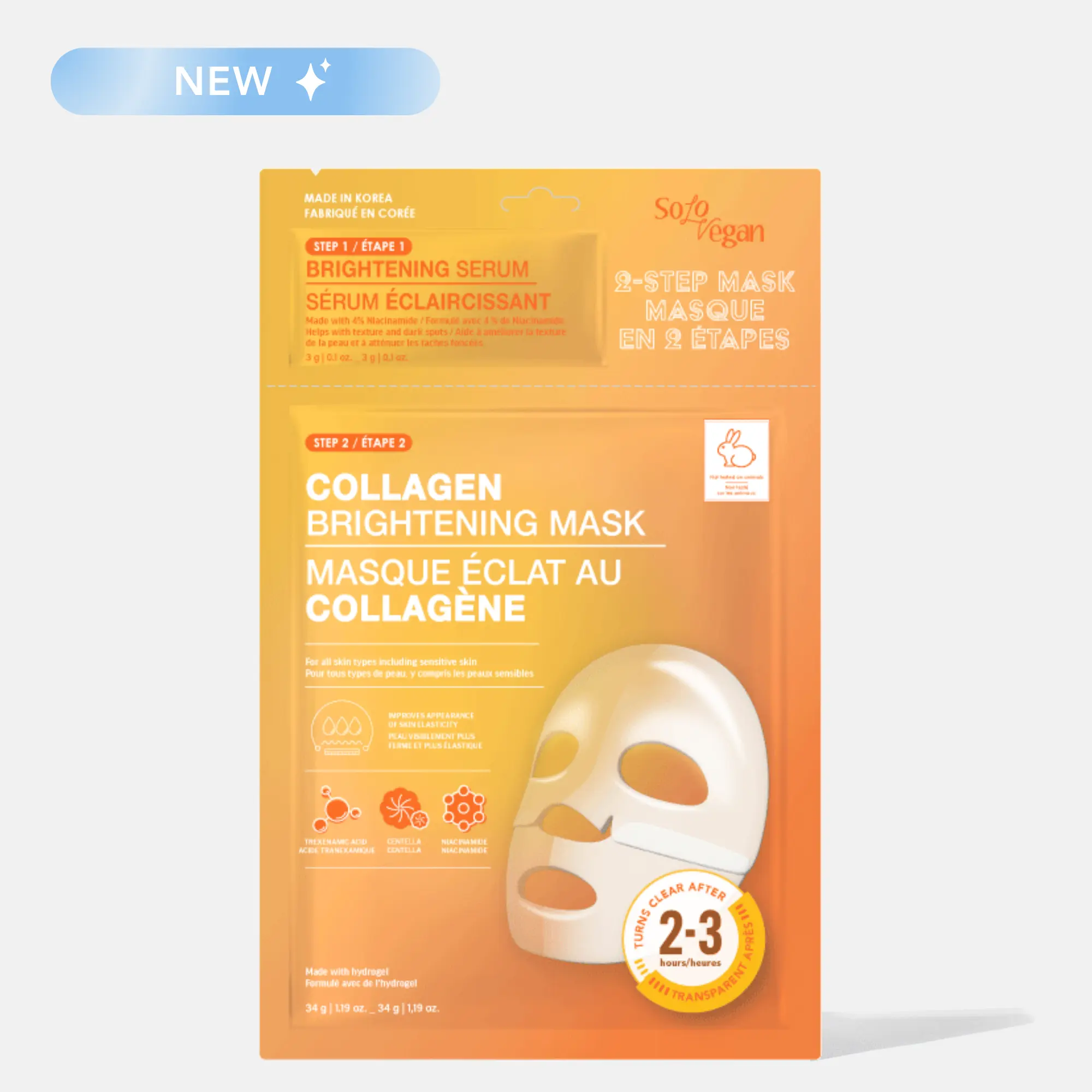 SoloVegan Multi-Pack Dark Spot Remover Skincare Treatment Kit - 2-Step Kojic Acid + Tranexamic Acid Brightening Serum, 1.19oz Collagen Face Mask for Radiant Skin, Hyperpigmentation Treatment, Barrier Repair