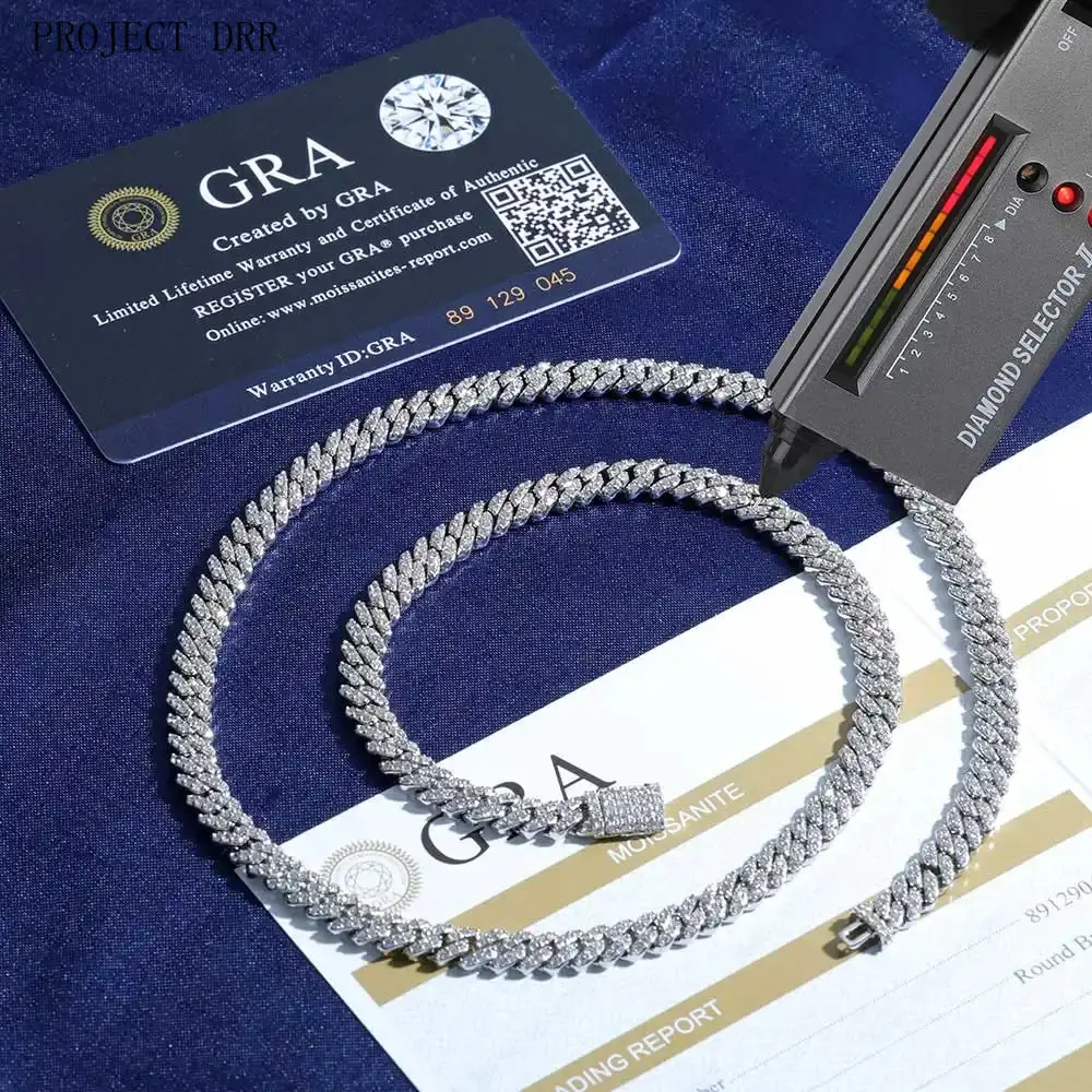 6mm Pass Diamond Test Moissanite Cuban Link Chain 925 Sterling Silver VVS Diamond  Out Women Single Rows Thin Necklace PROJECT DRR