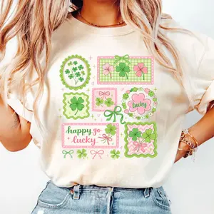 Preppy Happy Go Lucky, St Patricks Day, St Patrick Doodle, Coquette Bow Shamrock, Pink Green Lucky, Trendy Irish Icons, Unisex Sweater Pullover Tee