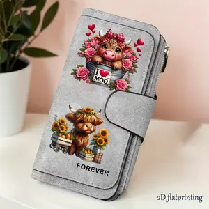 1pc Highland cow sunflowers pattern women's long wallet, multi-functional wallet, portable snap coin purse, birthday gift and daily commuting essential, perfect holiday gift, suitable for outdoor, travel and family use, Highland cow design, 3.03CYJ-1