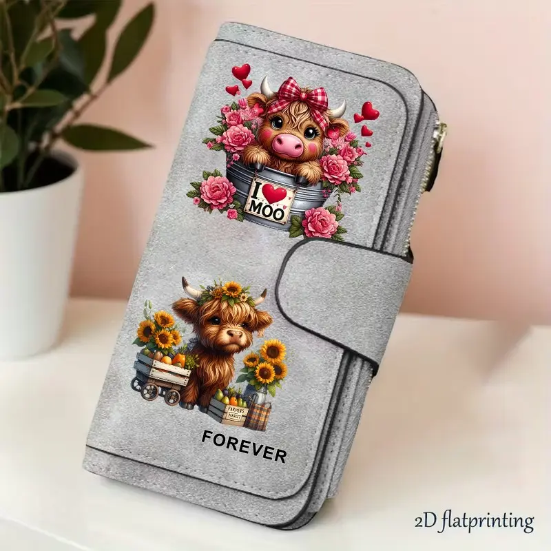 1pc Highland cow sunflowers pattern women's long wallet, Card holder wallet, portable snap coin purse, birthday gift and daily commuting essential, suitable for outdoor, travel and family use, Wallets Women, 3.03CYJ-1