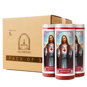 Bulk 3 Pack Sagrado Corazón de Jesús 7 Day Candles in Glass Jar – Paraffin Wax, Clean Burning Unscented | Large & Tall Devotional Prayer Pillar Candles for Home, Memorial, Spells, Long Lasting