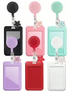 Colorful Sliding Work ID Card Holder with Nurse ID Lanyard, Cute Flower Decoration Badge Reel, Hard Plastic Card Case for Office School