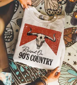 Raised on 90s Country Shirt or Sweatshirt, Vintage Western Bull Skull Graphic Tee, Country Music Lover Sweatshirt or Hoodie, Retro Southern