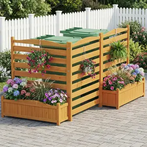 3-Panel Fir Wood Air Conditioner Fence with Planter Box, Freestanding Privacy Screen in Yellow, Slatted Outdoor Enclosure & Raised Garden Beds for Patio, Yard or Balcony
