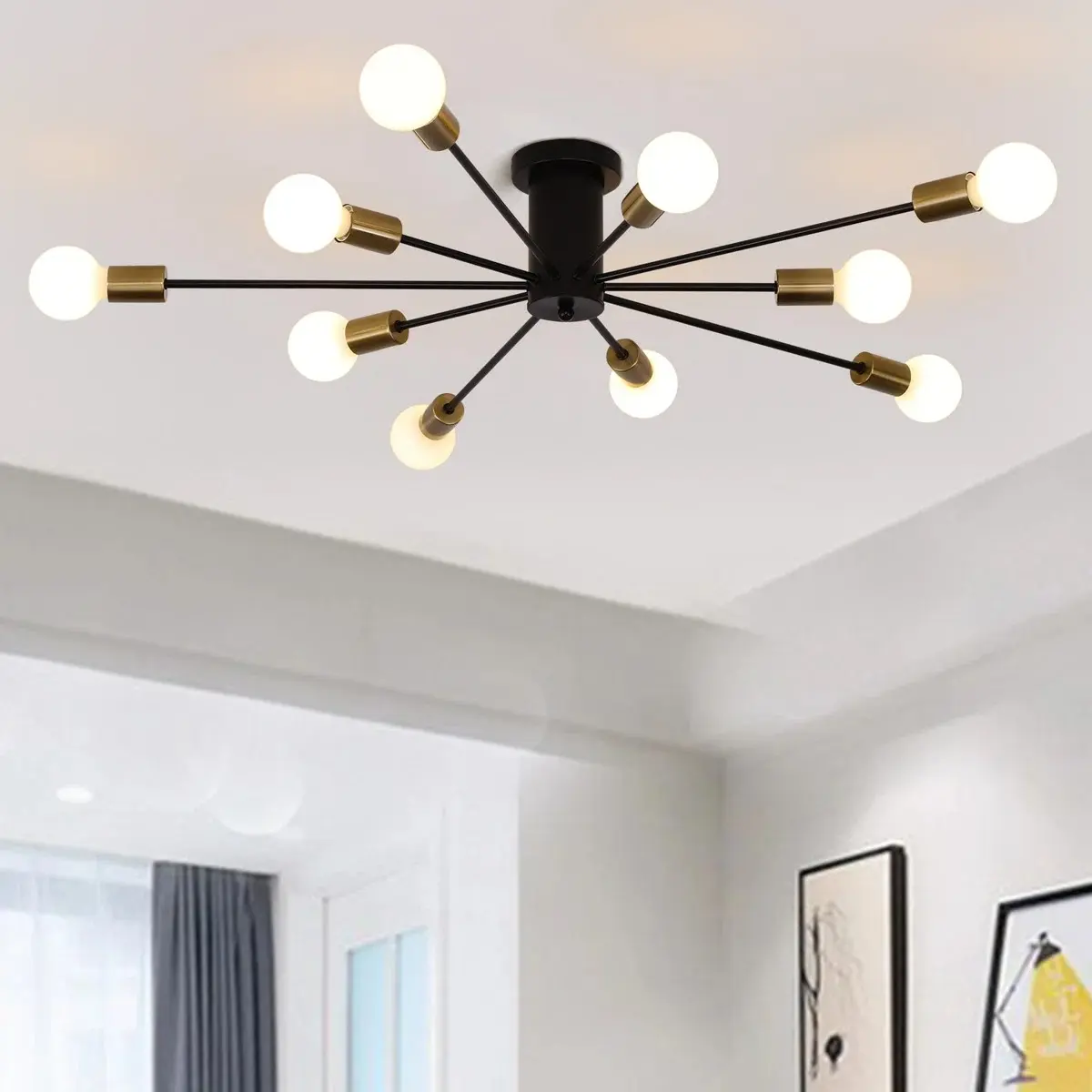 Garwarm 10-Light Modern Sputnik Chandelier, Mid Century Industrial Semi Flush Mount for Living Room, Kitchen, Bedroom, Farmhouse, Dining Room