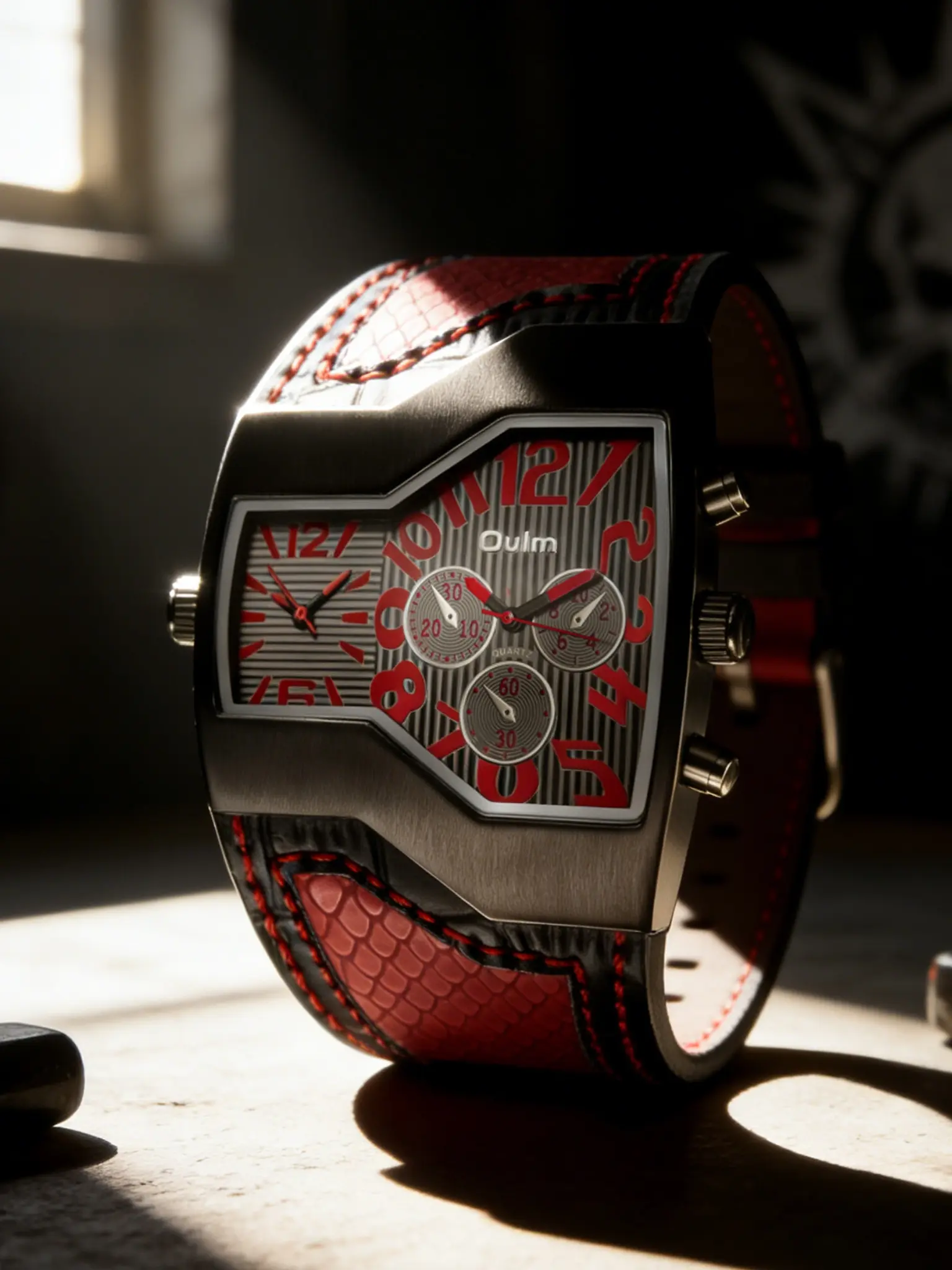 Men's Asymmetrical Watch Large Dial Dual Time Zone Design Snake Skin Strap Night Out Fashion Accessory