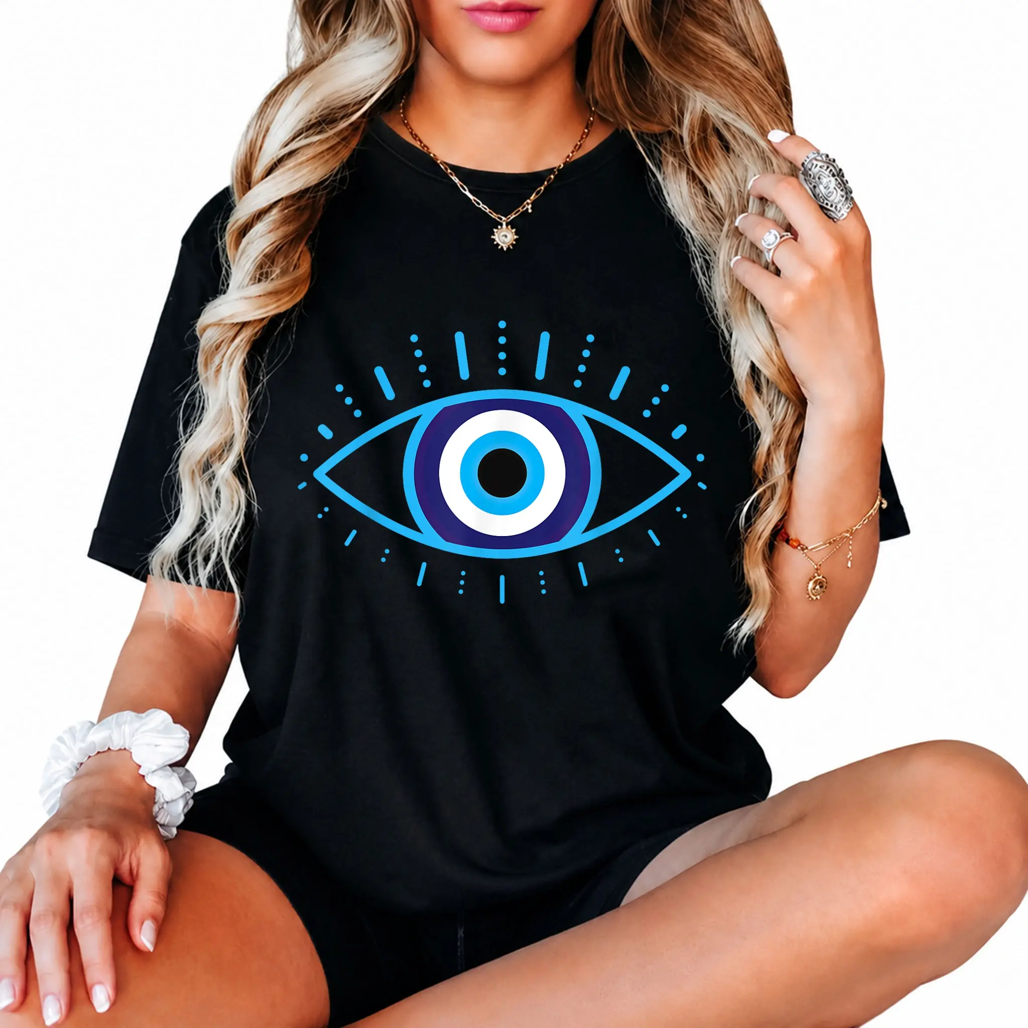 100% Cotton Fashion Tshirt Evil Eye Eyelashes Greek Turkish Evil Spirit Protection T-Shirt