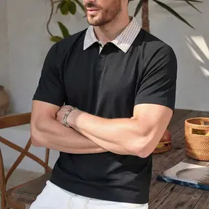 Minimalist Men's Black Polo - Gingham Collar Raglan Sleeve Streetwear Top