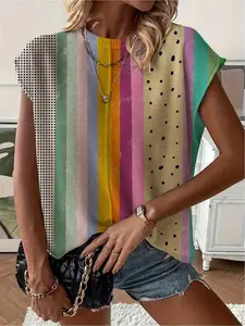 Spring/Summer crew neck drop-shoulder loose fit contrast stripe splicing print short-sleeve women's knit top, vacation style, casual elegant commute, ladies short-sleeve knit top, bikini cover-up.