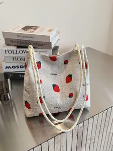 Large Capacity Trendy Tote Bag, Cute Strawberry Canvas Backpack, Casual Shoulder Bag for Students, All-Season Shopping & Commute