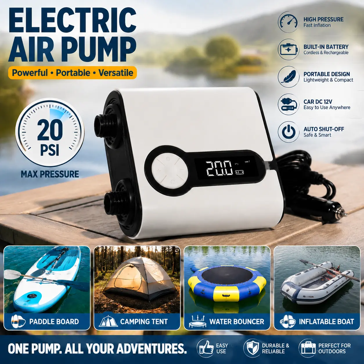 Car Cigarette Lighter Powered Electric Pump for Paddle Boards, suitable for inflating paddle boards, tents, air mattresses, car tires and more. Quick Inflate Camping Supplies