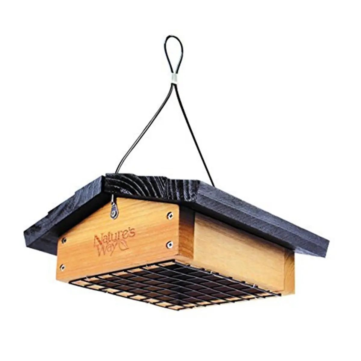212 MAIN Upside Down Hanging Platform Bird Feeder - Outdoor Enclosed Rust-Free Enclosure, 2.25" x 12" x 12" Size, Stainless Steel Build, Vinyl Coated Steel Hanging Cable, Water-Based Protective Stain for Cardinals/Jays, Large Birds