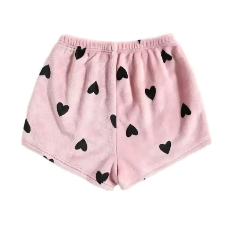 Heart Pattern Fuzzy Pajama Shorts - Pink with Black Heart Design for Comfortable Wear