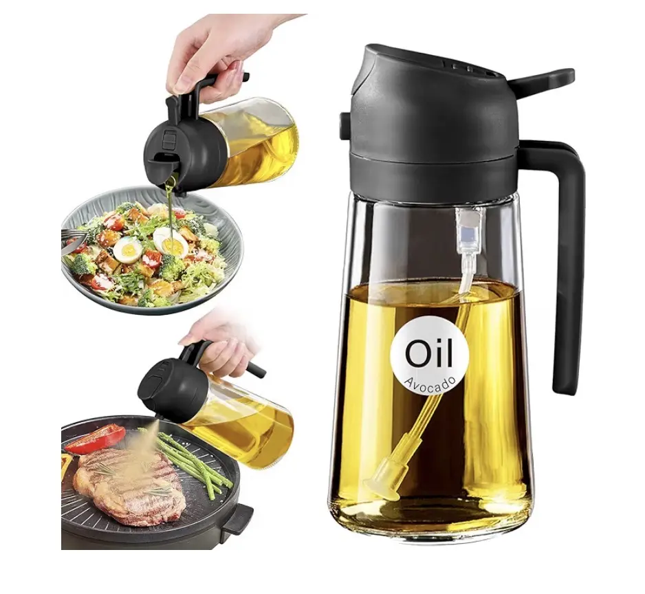 Dark Glass Olive Oil Sprayer & Dispenser, 2-in-1, Black Light-blocking dark green glass, food-grade spray and pour bottle for cooking, air fryer, salad and BBQ
