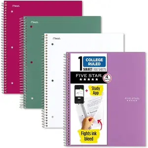 Five Star Spiral Notebooks + Study App, 4, 1 Subject, College Ruled Paper, 81/2" x 11", 100 Sheets, Purple, Pink, White, Green (820337ECM)