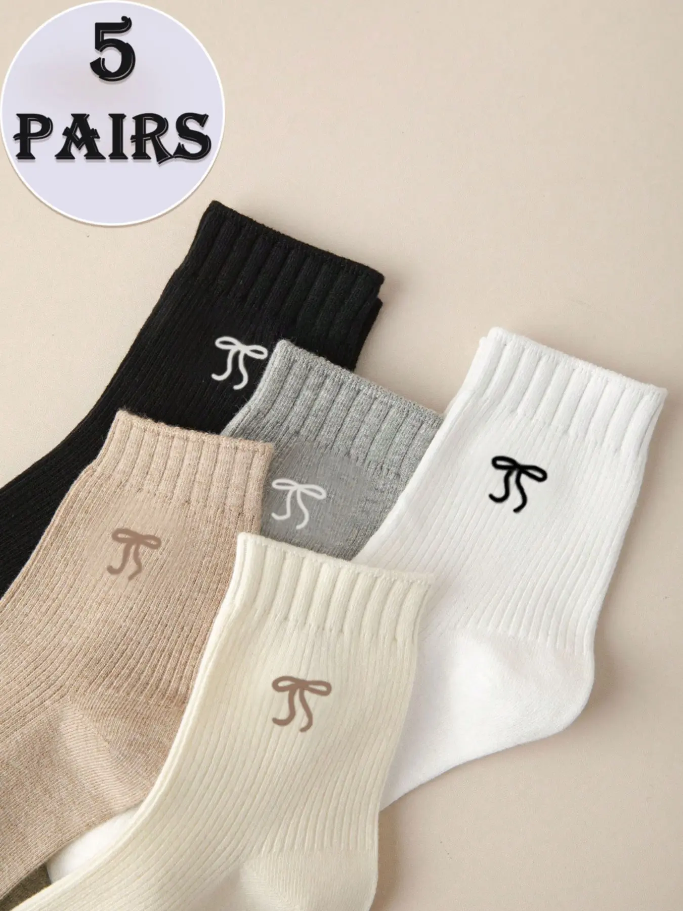 5 pairs of women's sweet bowknot mid-calf socks versatile collegiate style ins trend pile socks Sock Packs, Casual Soft Comfy Socks, suitable for pairing with little leather