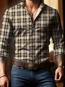 Men's Casual Collared Long Sleeve Plaid Checkered Shirt Cs6853, Collared Shirts, Anti-Wrinkle Quick-Dry Fabric, Skin-Friendly Woven Material, All-Season Fitted Style, Checkered Shirt, Menswear