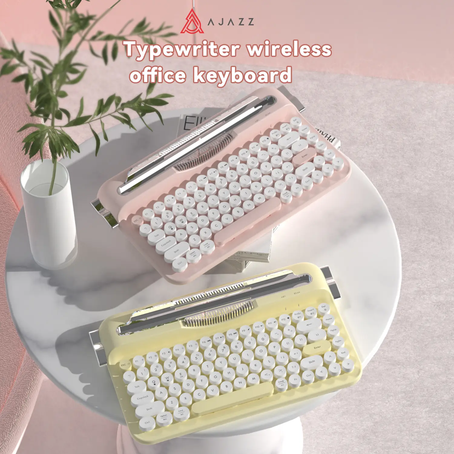 Ajazz AF84 Wireless Silent Membrane Typewriter Keyboard, Bluetooth/2.4G Dual-Mode Connection, Cute Retro Aesthetic Design with Integrated Stand for PC, Tablet, Phone, Compatible with Win/Mac/Android, None