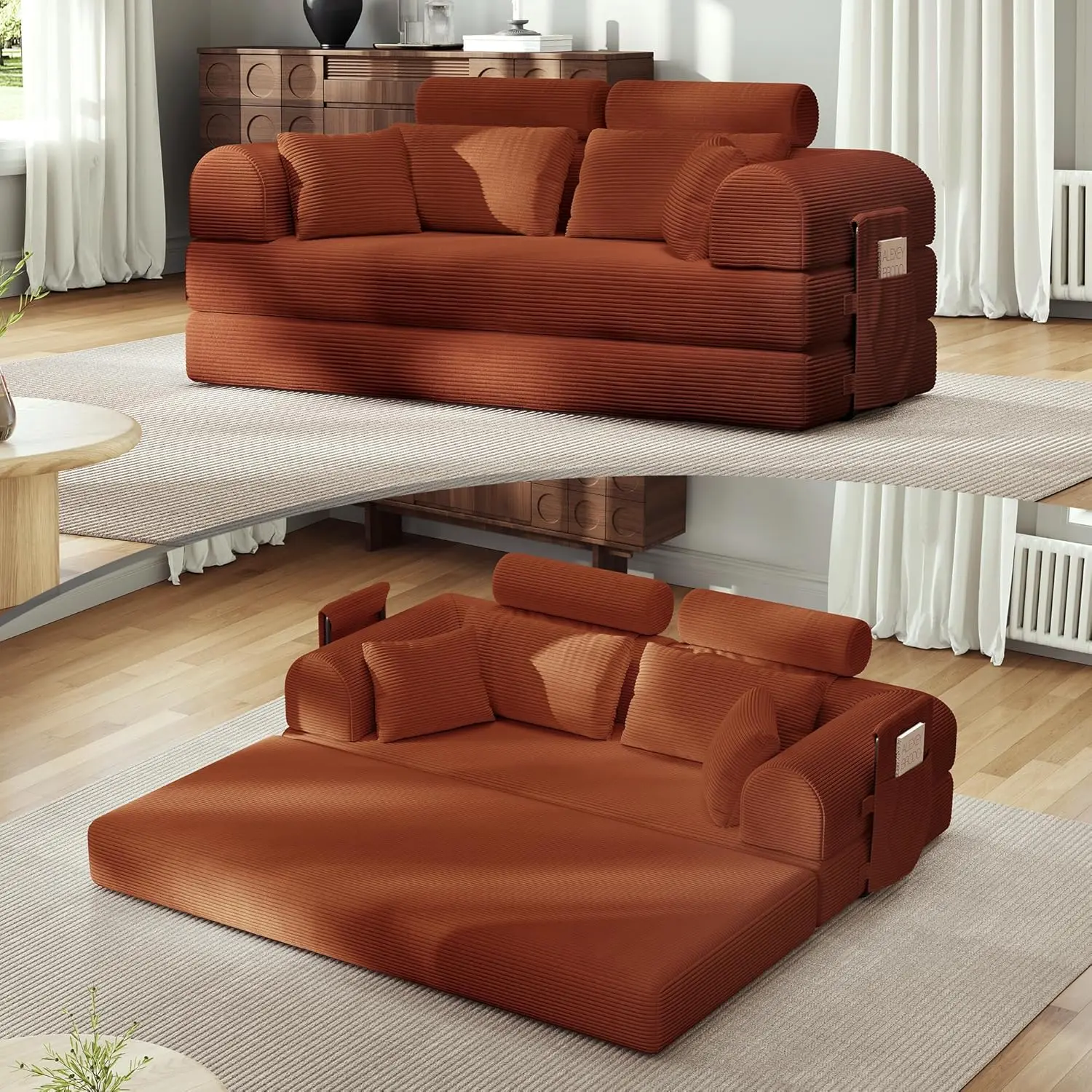 Orange Modern Corduroy High-Back Extendable Sofa Bed - Pre-Assembled, Space-Saving Indoor Furniture with Sturdy Metal Fixed-Shape Frame, Removable Armrests & Backrest, Sponge-Foam Convertible Seat Cushion, Ideal for Small Spaces & Gaming Use