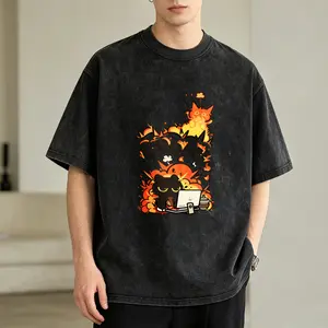 Men's Vintage Washed T-Shirt Black Cat Fire Laptop Design Oversized Graphic Tee Outdoor Casual Short Sleeve
